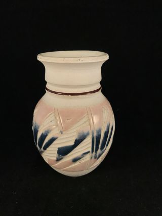 Mexico Pottery Ceramic Geometric Design Pink Blue Vase Artist Signed Arevloza 2