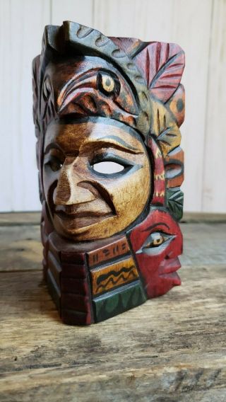 Vintage Mayan Aztec Hand Carved Wooden Totem Mask