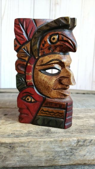 Vintage Mayan Aztec Hand Carved Wooden Totem Mask 2
