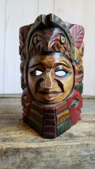 Vintage Mayan Aztec Hand Carved Wooden Totem Mask 3