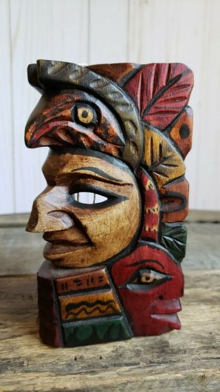 Vintage Mayan Aztec Hand Carved Wooden Totem Mask 4