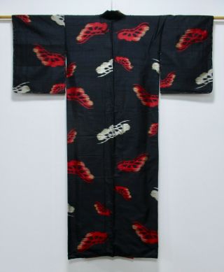 Japanese Silk Antique Kimono / Meisen / Black & Red / Pine / Silk Fabric /4