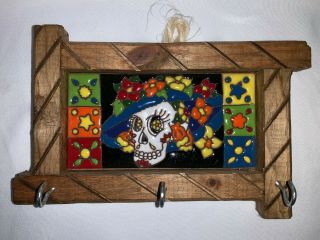 Key Holder Mexican Talavera High Relief 3 X 6 Tile Day Of The Dead Candy Skull