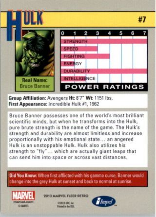 2013 Fleer Retro Marvel 1991 Impel Marvel Universe 7 Hulk 2