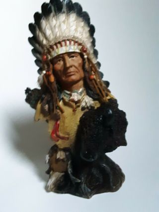 Native American Indian Bust Statue Sculpture With Buffalo And Leather Tassels