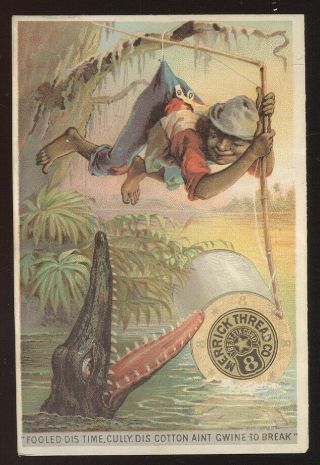 1880s Trade Card Advertising Merrick Thread,  Black Boy & Alligator Motif