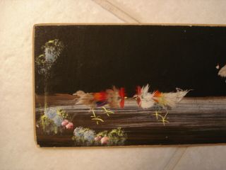 14 " X 4 " Vintage Folk Art Chickens Cock Fighting Feather Picture Mexico