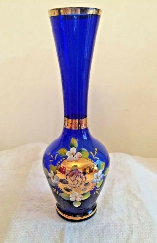 Vintage Japanese Cobalt Blue Glass Vase With Gold Trim & Japanese Floral Design