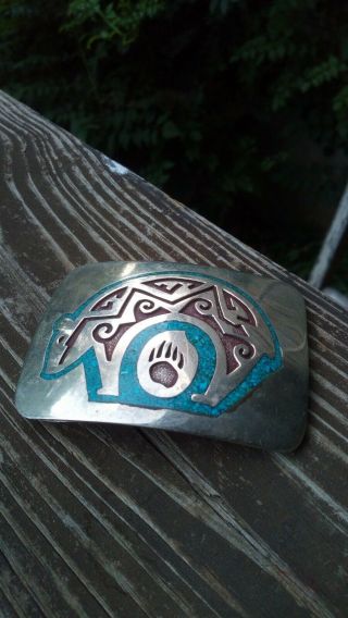 Vintage Jxn Handmade Native American Indian Belt Buckle W/ Bear & Claw Turquoise