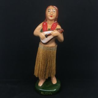 Vintage Hawaiian Hula Girl Ceramic Crackle Bobble Figurine 7 " Tall