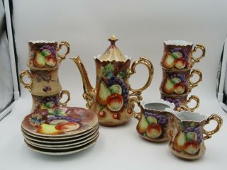 Vintage Hand Painted Fruit Motif Coffee Pot Cups & Saucer,  Creamer & Sugar Bowl