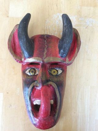 Large Vintage Red Devil Wood Mask - Hand Carved Art - Made In Mexico