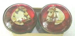 Pair Antique Horse Bridle Rosettes - White Horse Head With Red Background -