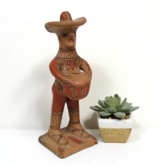 Vintage Mexican Folk Art Pottery Sculpture Musician Drummer Ameyaltepec Guerrero