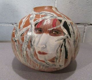 Signed Native American Shape Shifter Hand Painted Gourd Art Vase
