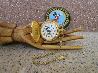 Vintage Walt Disney Mickey Mouse Pocket Watch With Chain Tin Verichron -