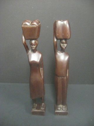 Vintage Pair Hand Carved African Statues Figures Tribal Wooden Man And Woman 13 "