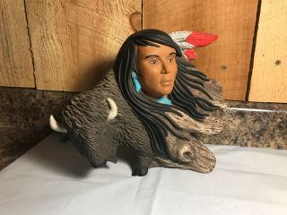 Southwest Ceramic Native American Indian Woman And Buffalo Figurine Sculpture