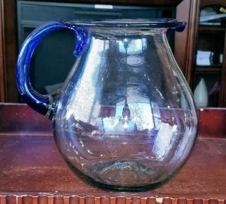 Large Mexican Hand Blown Glass Margarita Pitcher Cobalt Blue Rim And Handle 9 "