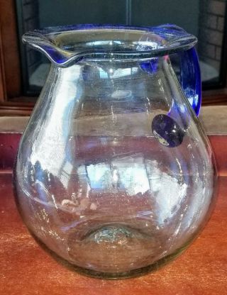 Large Mexican Hand Blown Glass Margarita Pitcher Cobalt Blue Rim and Handle 9 