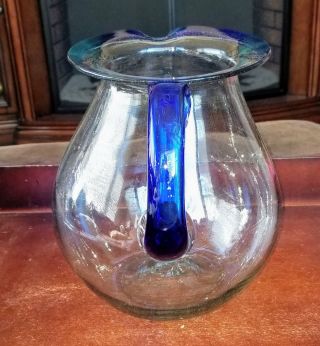 Large Mexican Hand Blown Glass Margarita Pitcher Cobalt Blue Rim and Handle 9 