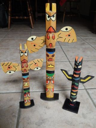 Vtg Native American Indian Wooden Hand Crafted 3 Totem Poles 4