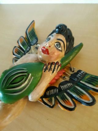 Mexican Folk Art Carved Wood Painted Winged Spanish Colonial Angel