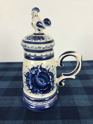 Russian Gzhel Art Porcelain Blue And White Covered Jug/tankardartist Signed