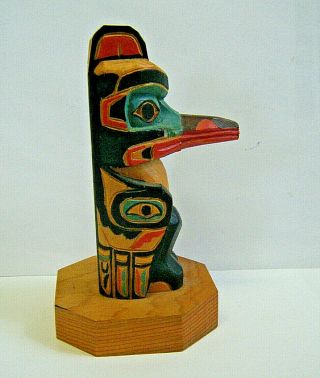 Vtg 4 3/4 " Hand Carved&painted Alaska Totem Pole Raven Figurine Native Folk Art