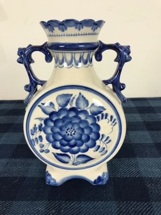 Russian Gzhel Art Porcelain Blue And White Large Vase Artist Signed