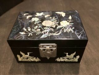Vintage Black Lacquer Mother Of Pearl Jewelry Box And