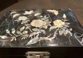 Vintage Black Lacquer Mother of Pearl Jewelry Box And 2