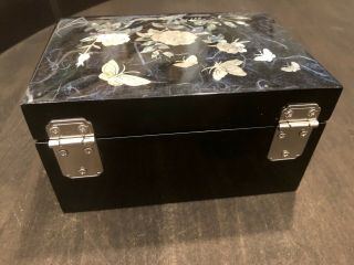 Vintage Black Lacquer Mother of Pearl Jewelry Box And 5