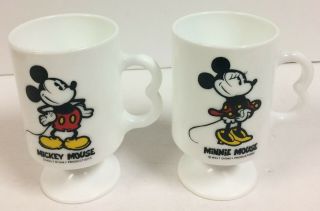 Vintage Walt Disney Mickey And Minnie Mouse Milk Glass Pedestal Mugs Cups