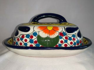Mexican Talavera Pottery Hand Painted Ceramic Covered Butter Dish Authentic