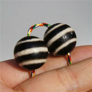 A Pair Tibetan Dzi Bead Old Agate Round Bead 3 White Line Totem Amulet Bead 20mm