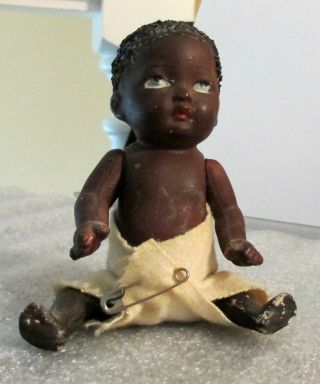 Vintage Black Americana Bisque Girl Baby Doll W/ Dress Marked Japan 4.  5 " Tall
