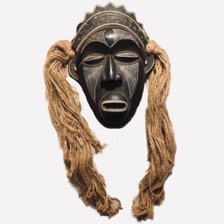 Hand Carved Wood Tribal Mask With Twine Hair