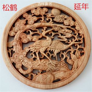 Chinese Hand Carved 松鹤延年 Statue Camphor Wood Round Plate Wall Sculpture