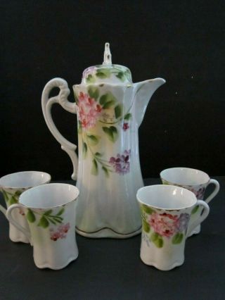 Vintage Porcelain Chocolate Pot & 4 Cups.  Made In Japan.  Hand Painted Flowers