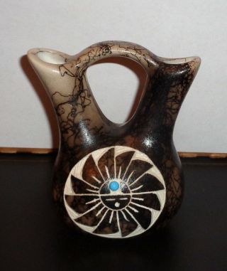 Navajo Native American Horse Hair Wedding Vase Signed With Turquoise