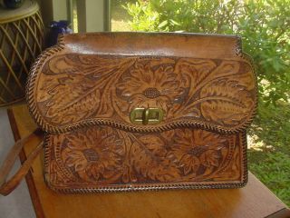 Large Vintage Mexican Hand Tooled Leather Hand Bag Purse