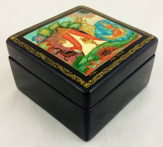 Vintage Russian Hand Painted Paper Mache Signed Lacquered Box Trinket Fairytale