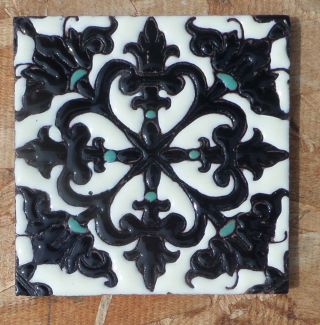 8 Talavera Mexican Pottery Tile 4 " X 4 " Morocco Black Jewel Turquoise Hi Relief