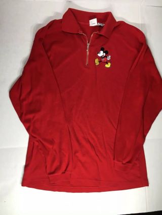 Mickey Mouse The Disney Store Red Embroidered Long Sleeve Zip Shirt Vtg