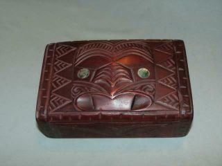 Zealand Tribal Hand Carved Maori Tiki Wooden Box Bird W/ Mop Eyes Hinged Lid