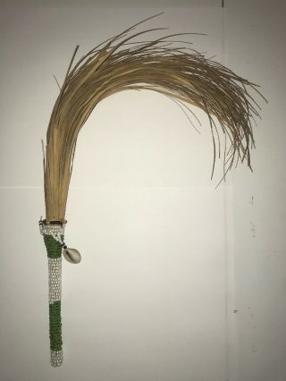 Vtg.  African Fly Whisk Beaded Handle Straw 14”