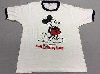 Vtg 70s Mickey Mouse Disney World Tropix Togs White Ringer T - Shirt Adult Large