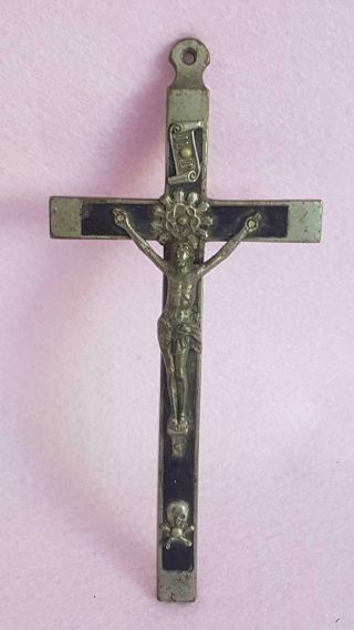 Lge Early 20th Cent Antique Nun’s/clergy Ebony & Nickel Pectoral Crucifix Cross