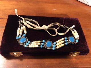 Handmade Native American Turquoise Cabachon Choker Hairpipe Bone Silver Beads